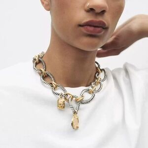 Zara Two-Tone Chain Link Necklace, Silver Rope and Gold Accents, Pendant Charm